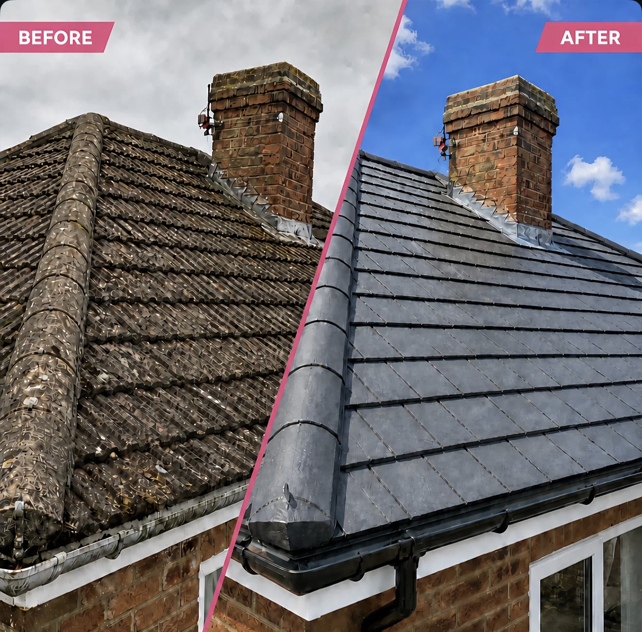 Before and after view of a tiled roof