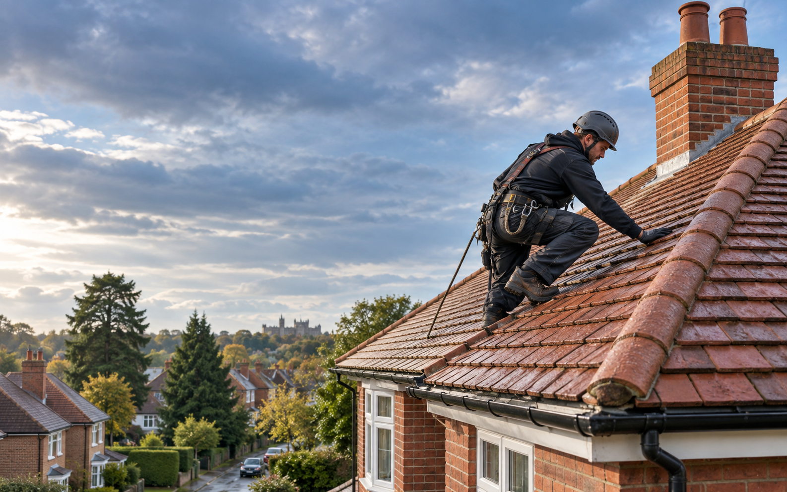 A professional roofer inspecting a tiled roof